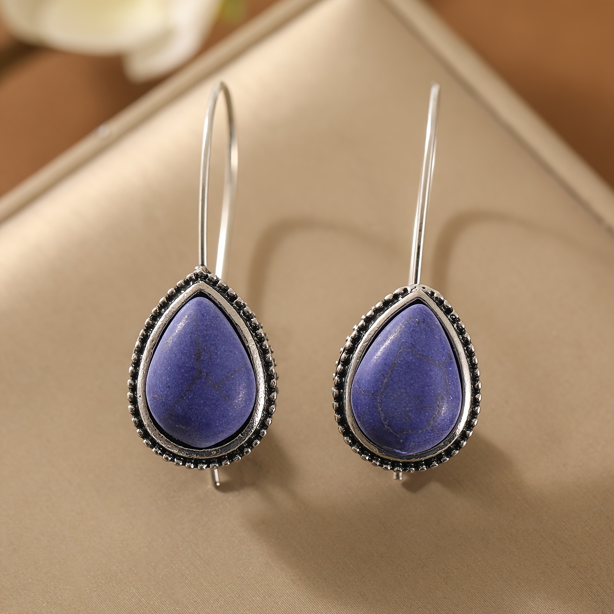 Women's Bohemian Teardrop Pendant Earrings with Blue Main Stone
